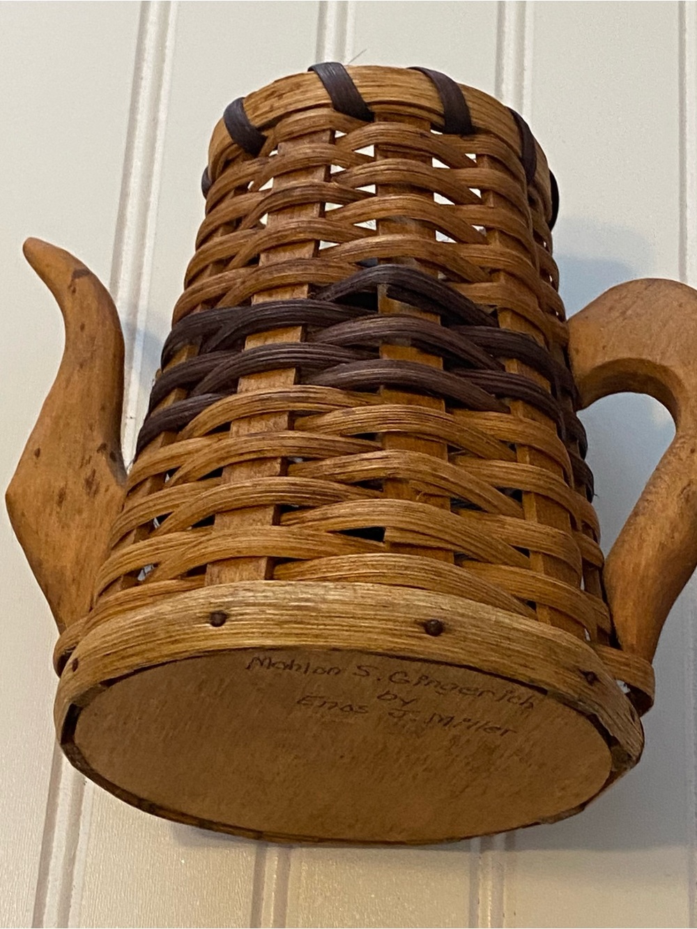 Woven Wood Teapot Wall Basket - Brown with Dark Brown Accents